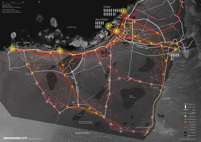 Recharging city is an urban intervention to mediate socio-ecologic issues; cultural identity, water and land use in UAE. 